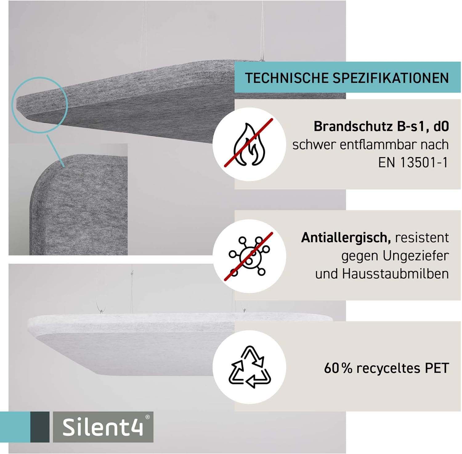 SILENT4® Velo acustico termicamente indurito, 114x72cm, soffitto