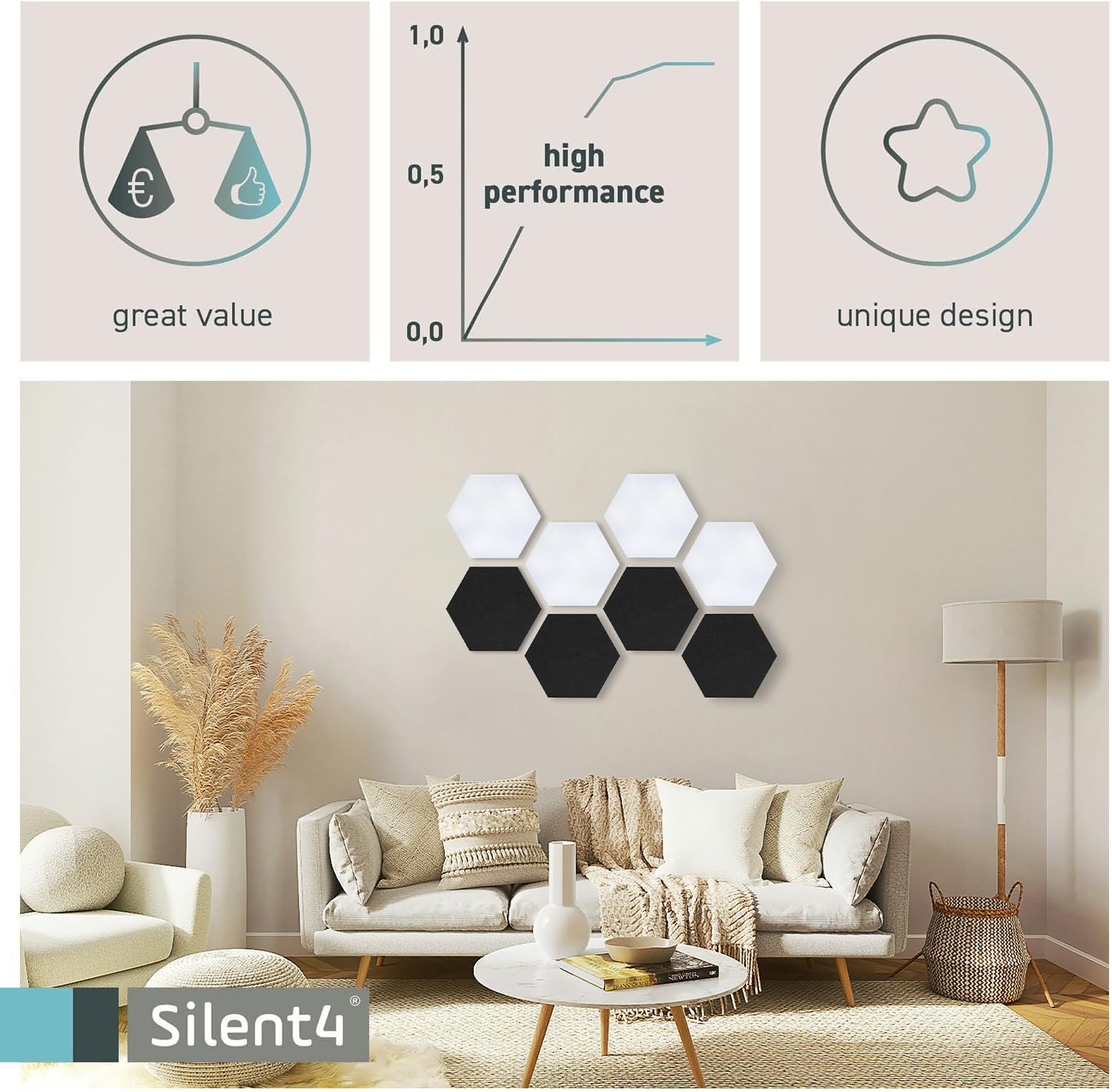 SALE: SILENT4® Hexagon-Set aus thermisch verfestigtem PET-Akustikvlies