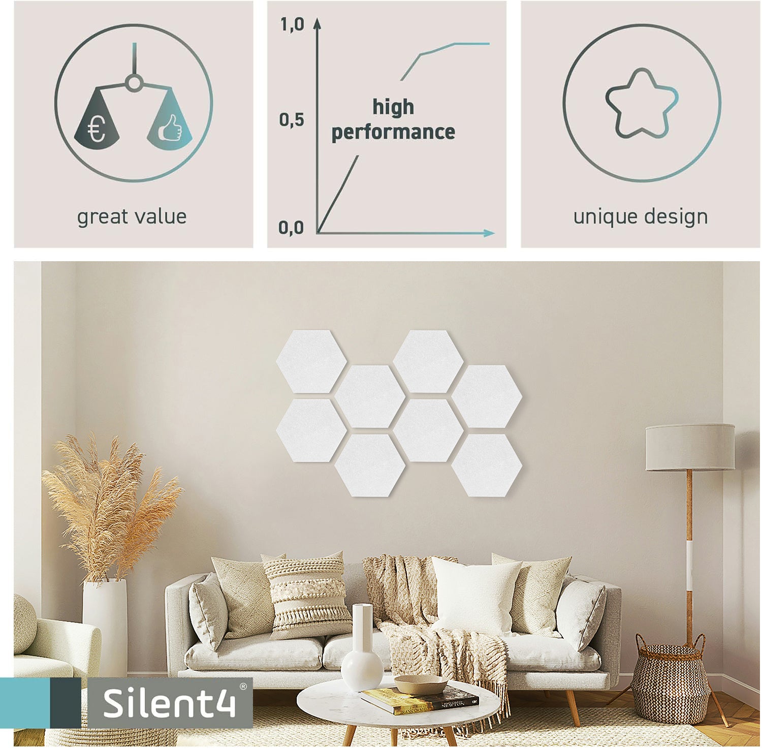 SALE: SILENT4® Hexagon-Set aus thermisch verfestigtem PET-Akustikvlies